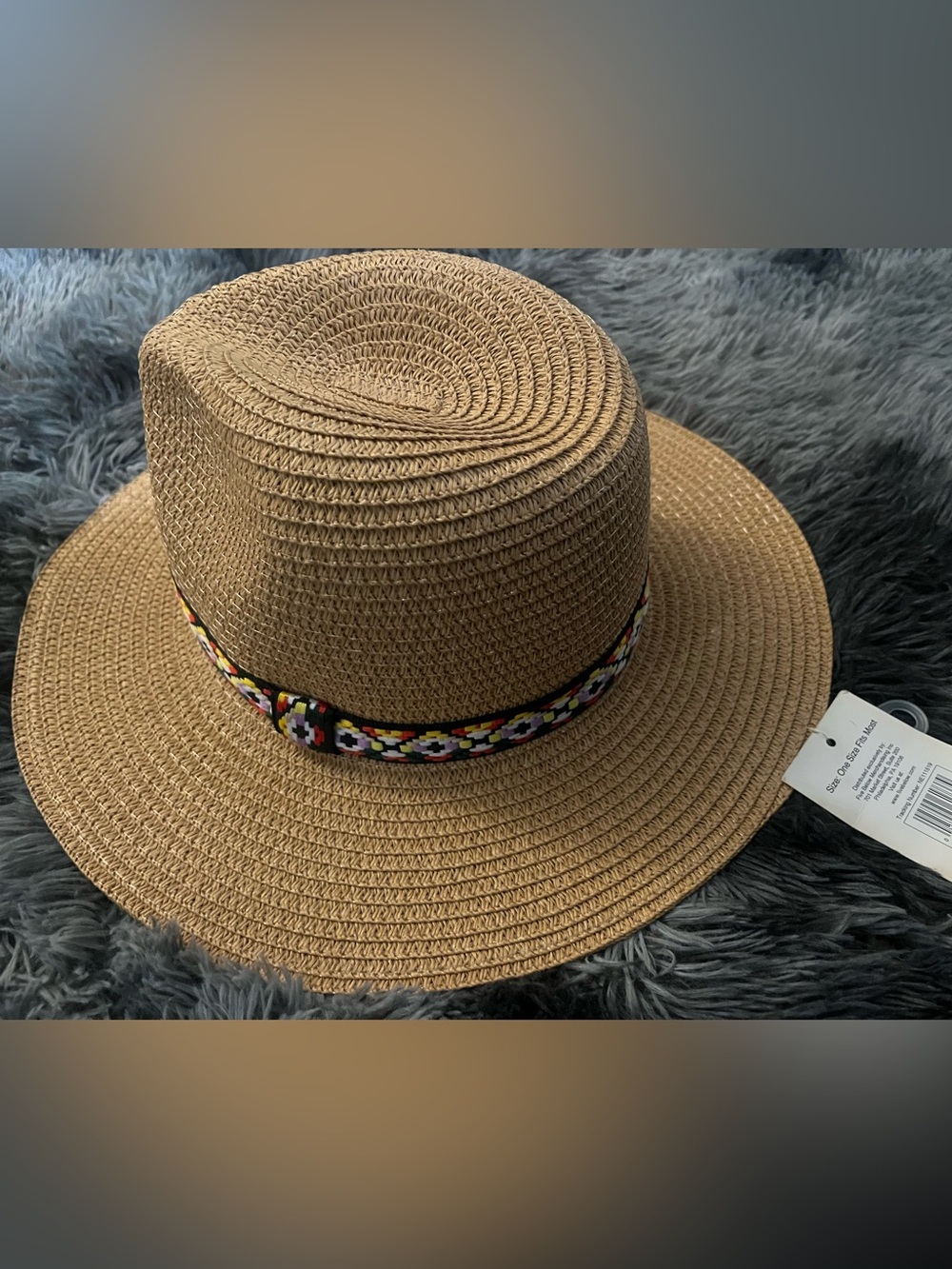 Woven Straw Sun Hat with Multicolor Beaded Band - Brown